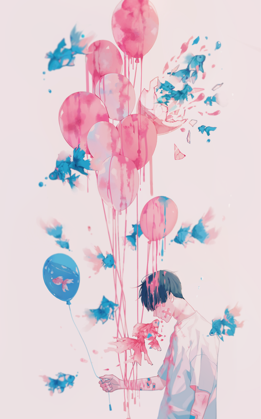 1boy animal balloon bandage_on_face bandages bandaid bandaid_on_arm black_hair breaking dripping fish hair_over_eyes highres holding holding_balloon inplick male_focus original shirt short_hair short_sleeves simple_background solo upper_body white_background white_shirt