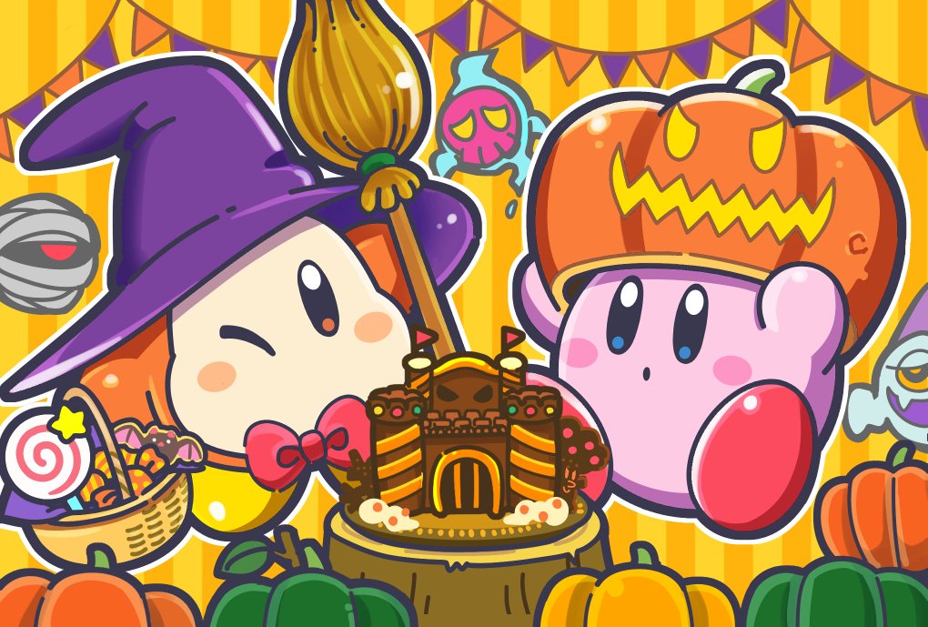 ;) banner basket blue_eyes blush_stickers bow bowtie broom candy castle channel_ppp commentary_request food foorlowber ghost halloween hat invincible_candy kirby kirby_(series) lollipop mumbies_(kirby) official_art one_eye_closed orange_background orange_eyes pumpkin pumpkin_hat red_neckwear simple_background sitting smile striped striped_background tedhaun_jr. waddle_dee witch_hat