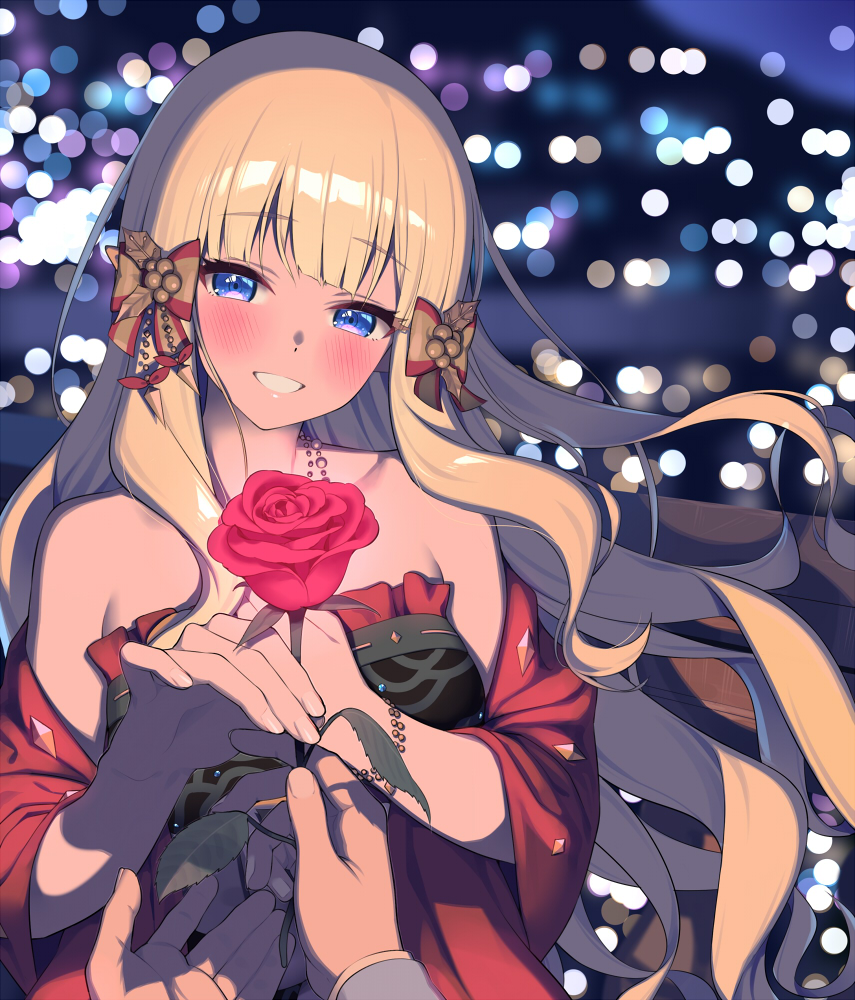 1girl bangs bare_shoulders black_bow blonde_hair blue_eyes blush bow breasts dress elf flower green_dress hair_bow large_breasts layered_dress long_hair looking_at_viewer lunch_(lunch3) open_mouth pointy_ears princess_connect! princess_connect!_re:dive red_dress rose saren_(princess_connect!) shawl sidelocks smile solo_focus