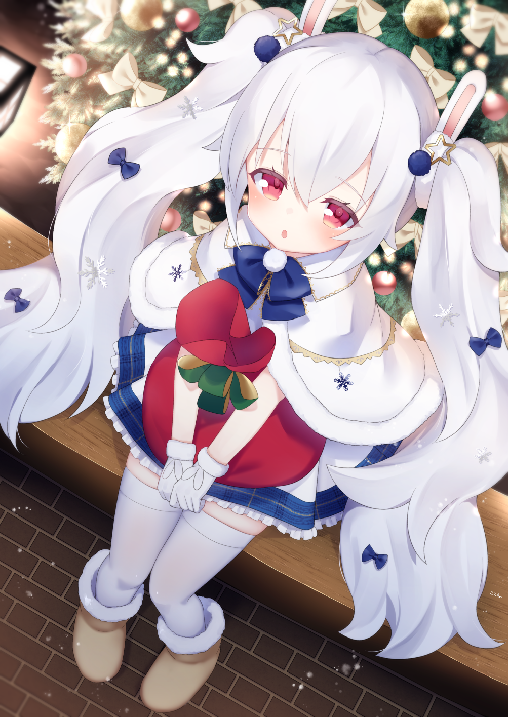 1girl :o animal_ears azur_lane bangs blue_bow blurry blurry_background blush boots bow brown_footwear capelet christmas christmas_ornaments christmas_tree commentary_request depth_of_field dress eyebrows_visible_through_hair from_above fur-trimmed_boots fur-trimmed_capelet fur_trim hair_between_eyes hair_bow hair_ornament highres kokone_(coconeeeco) laffey_(azur_lane) long_hair looking_at_viewer looking_up parted_lips rabbit_ears red_eyes sack sidelocks sitting snowflake_hair_ornament solo star_(symbol) star_hair_ornament thigh-highs twintails very_long_hair white_capelet white_dress white_hair white_legwear