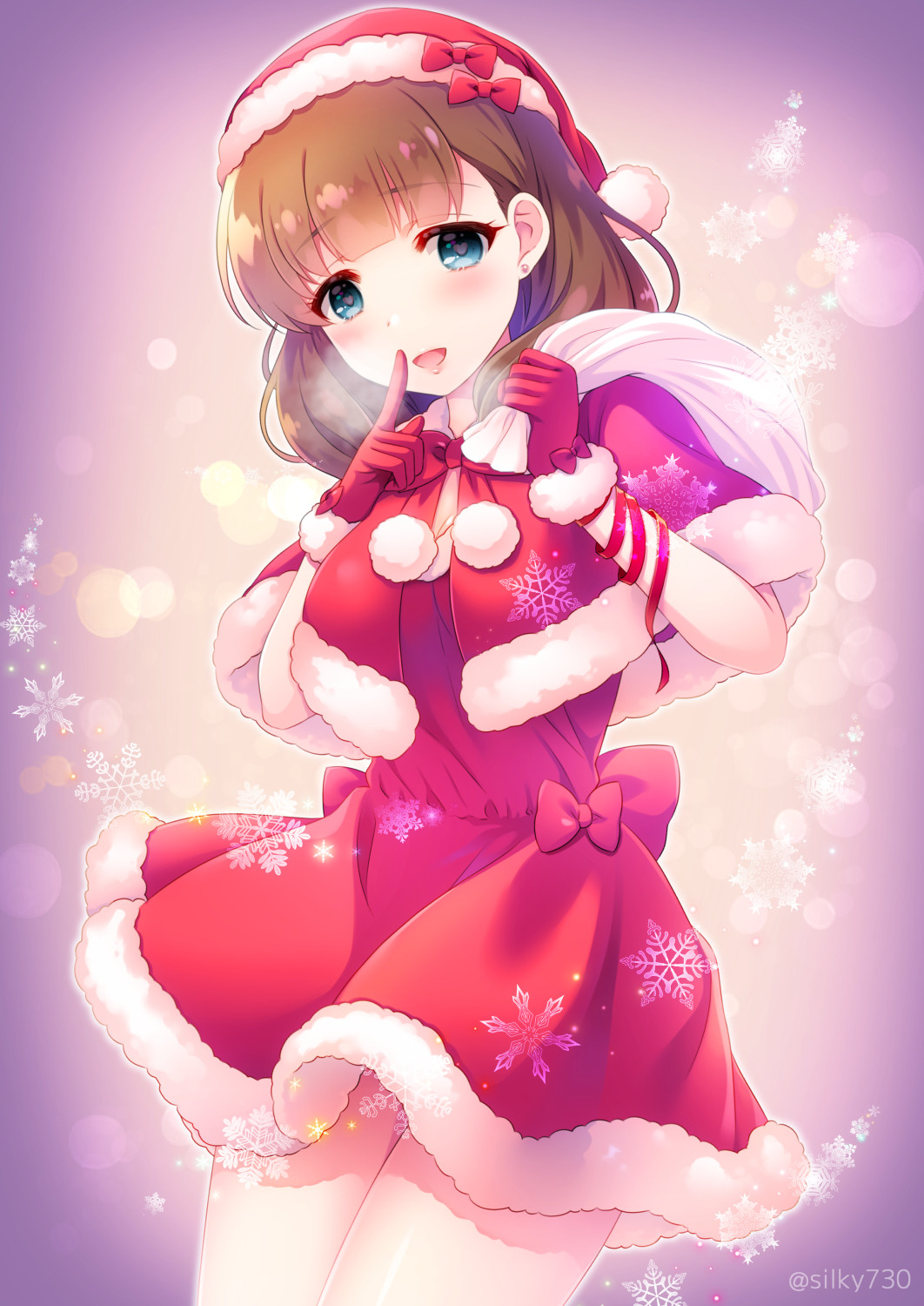 blue_eyes blush bow_dress brown_hair capelet christmas cowboy_shot dress ear_piercing earrings eyebrows_visible_through_hair finger_to_mouth fur-trimmed_capelet fur-trimmed_gloves fur_trim gloves hat heart heart-shaped_pupils highres idolmaster idolmaster_cinderella_girls jewelry looking_at_viewer medium_hair open_mouth piercing raised_eyebrows red_capelet red_dress red_gloves sakuma_mayu santa_costume santa_dress santa_gloves santa_hat short_dress shushing silky_(silky_alice) smile snowflake_background symbol-shaped_pupils twitter_username