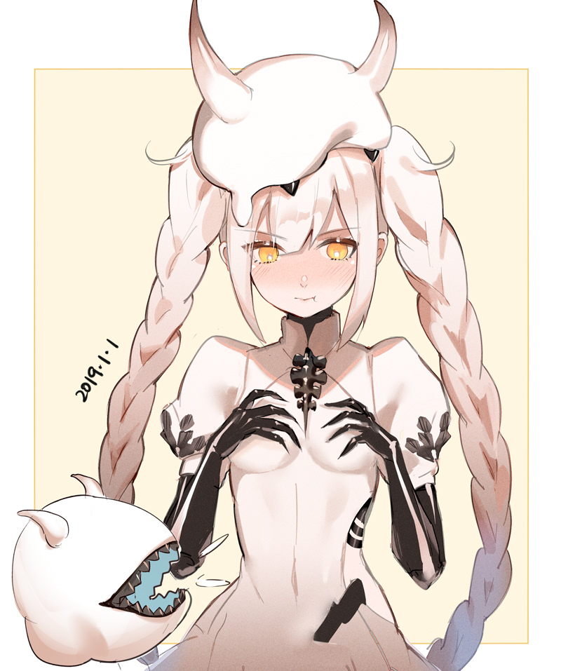 1girl :t abyssal_nimbus_princess abyssal_ship bangs black_gloves blush braid breasts brown_background claw_(weapon) closed_mouth covered_navel dated dress elbow_gloves eyebrows_visible_through_hair fake_horns gloves hair_between_eyes hands_up horned_headwear horns kantai_collection long_hair nose_blush orange_eyes pouch puffy_short_sleeves puffy_sleeves rero_(bigdoorbig2) short_sleeves small_breasts twin_braids twintails two-tone_background upper_body v-shaped_eyebrows very_long_hair weapon white_background white_dress white_hair white_headwear