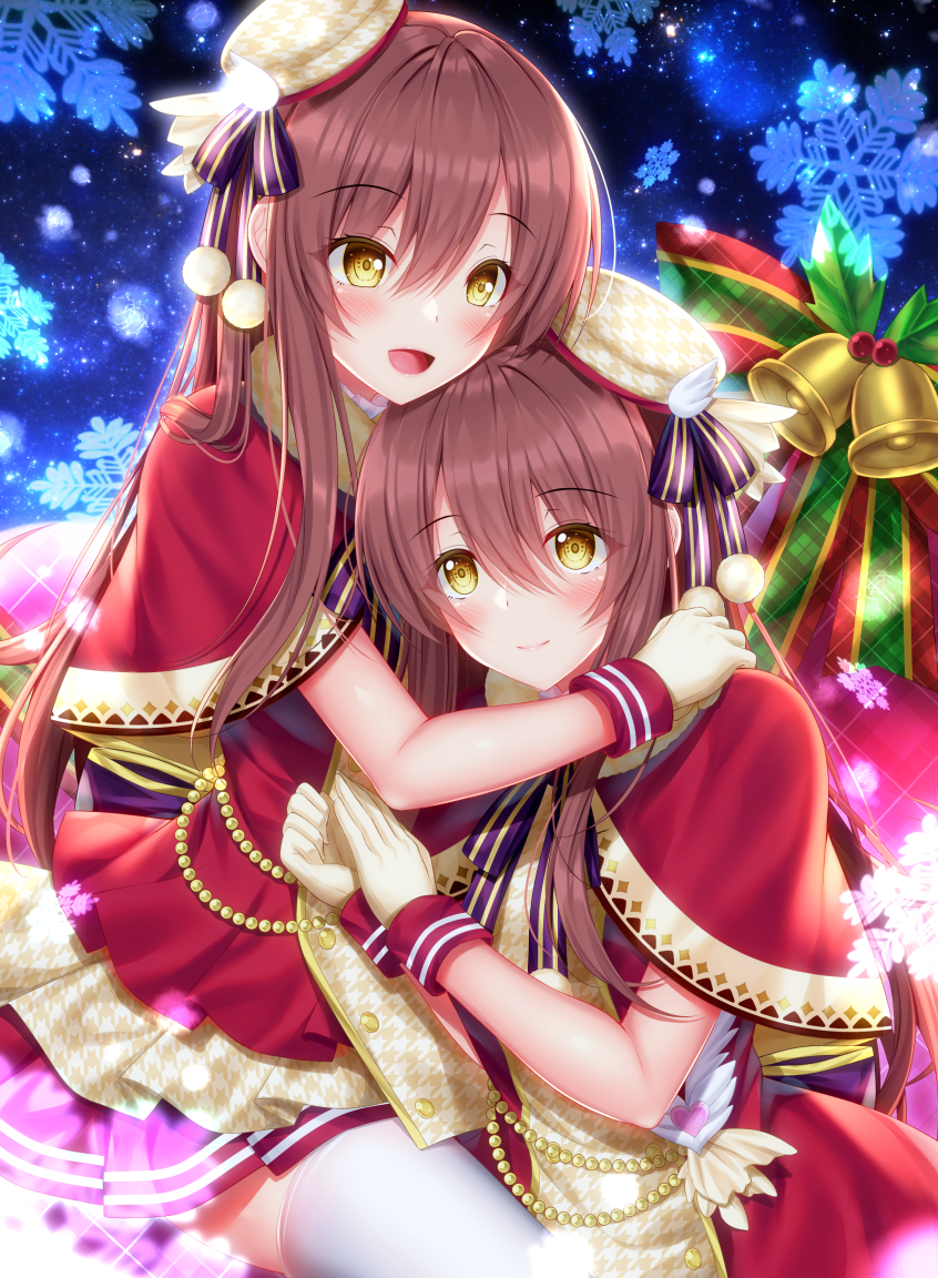 2girls :d bangs beret blush bow brown_eyes brown_hair capelet christmas closed_mouth commentary_request dress eyebrows_visible_through_hair gloves hair_between_eyes hat houndstooth hug idolmaster idolmaster_shiny_colors long_hair multiple_girls oosaki_amana oosaki_tenka open_mouth plaid plaid_bow print_headwear red_capelet red_dress siblings sisters sitting smile snowflakes thigh-highs tilted_headwear very_long_hair white_gloves white_legwear yunagi_amane