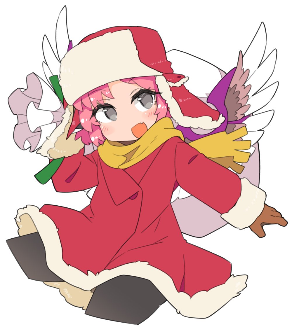 1girl alternate_costume black_legwear blush brown_gloves commentary_request cowboy_shot cropped_legs dress fang feathered_wings fur-trimmed_dress fur_hat fur_trim gloves hat holding holding_sack ini_(inunabe00) long_sleeves mystia_lorelei open_mouth pantyhose pink_hair red_dress red_headwear sack scarf short_hair simple_background solo touhou ushanka white_background wings yellow_scarf