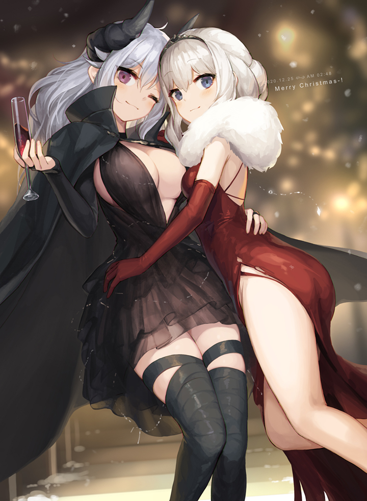 2girls bangs bare_shoulders black_cloak black_dress black_gloves black_legwear blue_eyes breasts champagne_flute christmas cloak closed_mouth cocktail_dress cup dress drinking_glass english_commentary eyebrows_visible_through_hair fur_collar gloves hand_on_another's_hip horns jakoujika long_hair looking_at_viewer merry_christmas multiple_girls one_eye_closed original red_dress silver_hair tiara violet_eyes white_hair