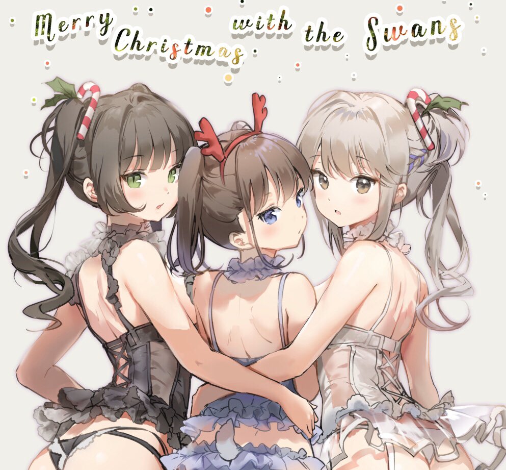 3girls anmi antlers arm_around_back ass back bangs black_choker black_hair black_panties blue_cardigan blue_eyes blue_panties brown_eyes brown_hair bustier candy_cane_hair_ornament cardigan choker deer_tail english_text eyebrows_visible_through_hair fake_antlers food_themed_hair_ornament frilled_choker frills green_eyes grey_background hair_ornament light_frown lingerie looking_at_viewer looking_back medium_hair merry_christmas multiple_girls original panties parted_lips reindeer_antlers side-by-side sidelocks silver_hair standing tail thong twintails underwear white_choker white_panties