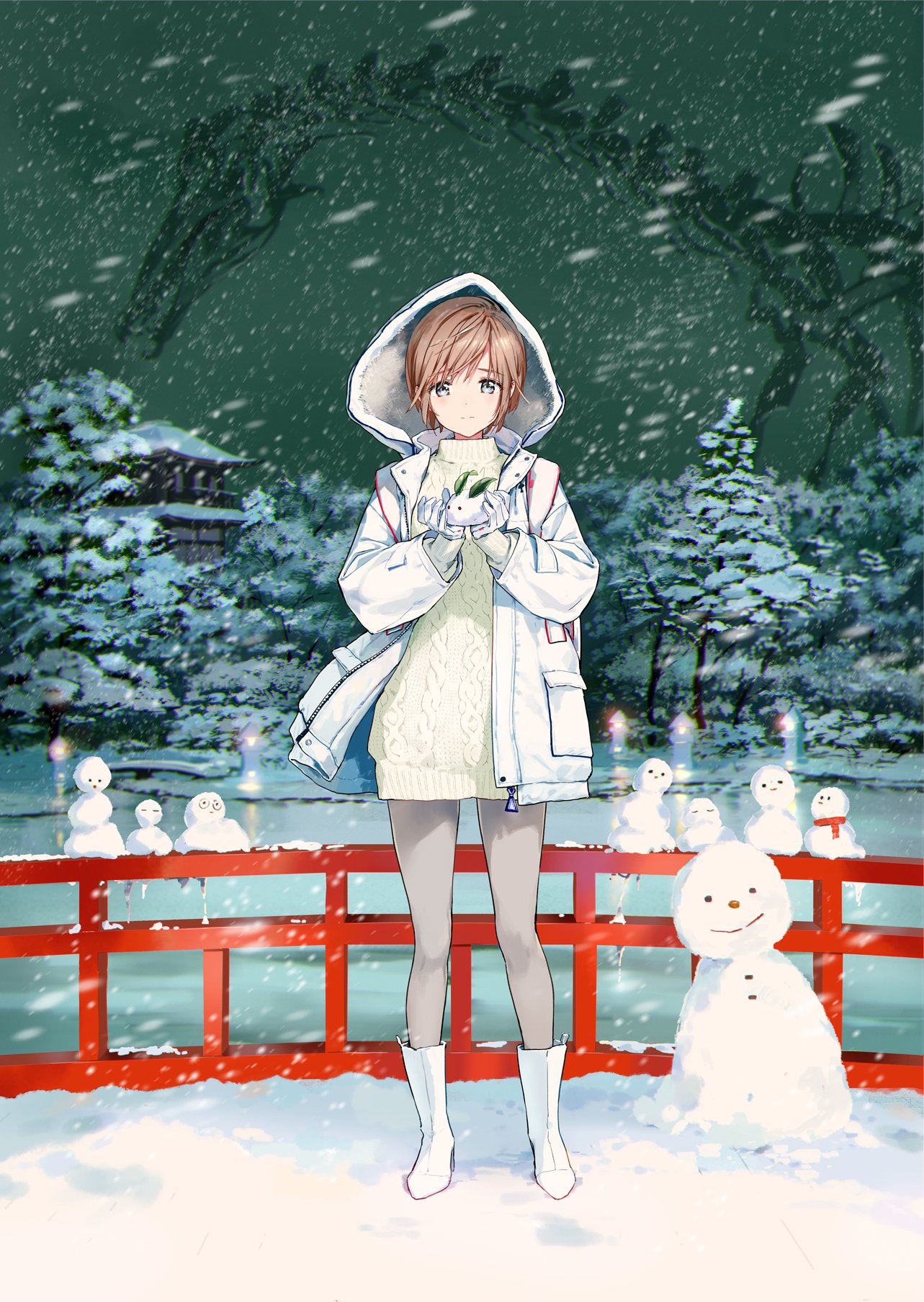 1girl bangs blue_eyes boots brown_hair coat dress gloves grey_sky highres hood hood_up hooded_coat long_sleeves looking_at_viewer night open_clothes open_coat original outdoors pantyhose railing ribbed_dress short_dress short_hair snow snow_bunny snowman solo standing sweater sweater_dress swept_bangs tiv tree turtleneck white_coat white_footwear white_gloves white_legwear white_sweater wind wooden_railing