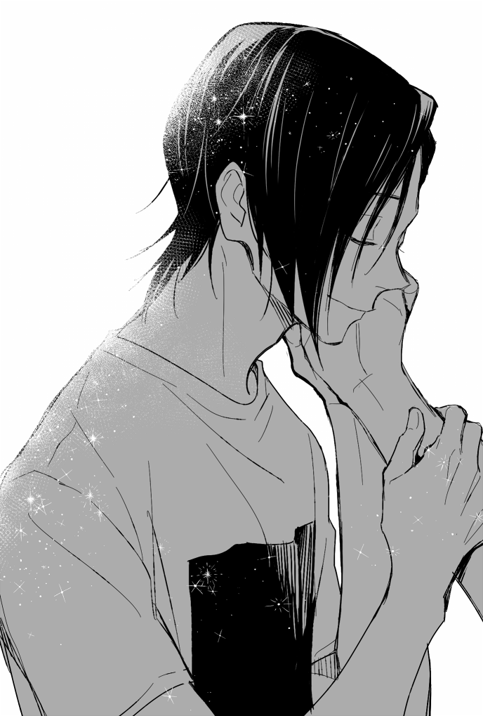 1boy 1other bn_gi7 closed_eyes greyscale hand_on_another's_cheek hand_on_another's_face holding_hand jujutsu_kaisen male_focus monochrome out_of_frame profile shirt short_hair short_sleeves simple_background smile solo_focus sparkle t-shirt upper_body yoshino_junpei