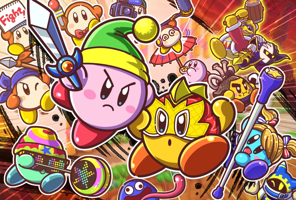 3boys @_@ backwards_hat bandana baseball_cap baton beanie blue_eyes blush_stickers bobblehat boom_microphone bow bowtie channel_ppp commentary_request copy_ability gooey hair_bow hat headphones king_dedede kirby kirby_(series) kirby_fighters_2 luchador_mask magolor mallet meta_knight microphone multiple_boys no_humans official_art polearm red_neckwear rope shimenawa spear sword tongue tongue_out twintails video_camera waddle_dee weapon wig yellow_eyes yo-yo zunglasses