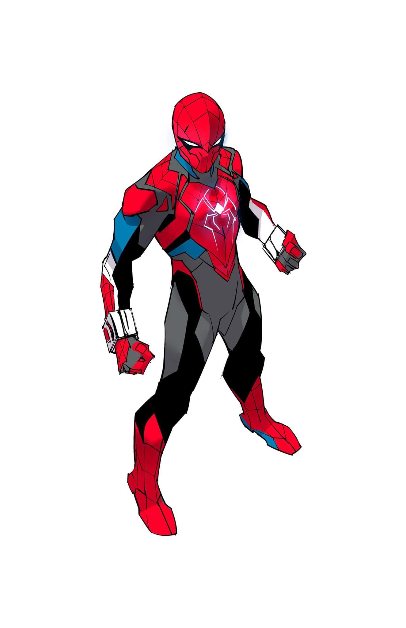 1boy armor clenched_hands dan_mora english_commentary from_above highres looking_down marvel redesign solo spider-man spider-man_(series) standing superhero tokusatsu white_background white_eyes