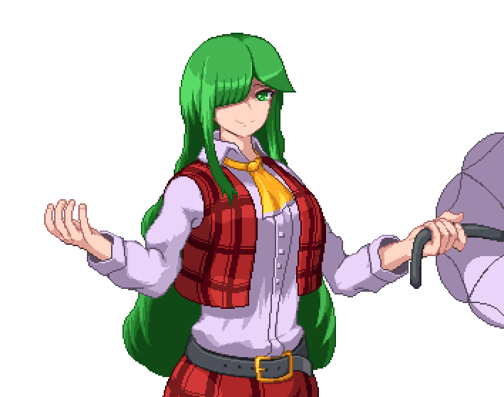 1girl ascot asymmetrical_bangs bangs belt black_belt blunt_bangs breasts bright_pupils closed_mouth collared_shirt frilled_neckwear green_eyes green_hair hair_over_one_eye hands_up holding holding_umbrella kazami_yuuka kazami_yuuka_(pc-98) large_breasts long_hair long_sleeves looking_to_the_side nukekip open_clothes open_hand open_vest outline pants parasol parted_bangs pixel_art plaid plaid_pants plaid_vest red_pants red_vest shiny shiny_hair shirt simple_background smile solo swept_bangs touhou touhou_(pc-98) transparent_background umbrella upper_body very_long_hair vest white_background white_pupils white_shirt yellow_neckwear