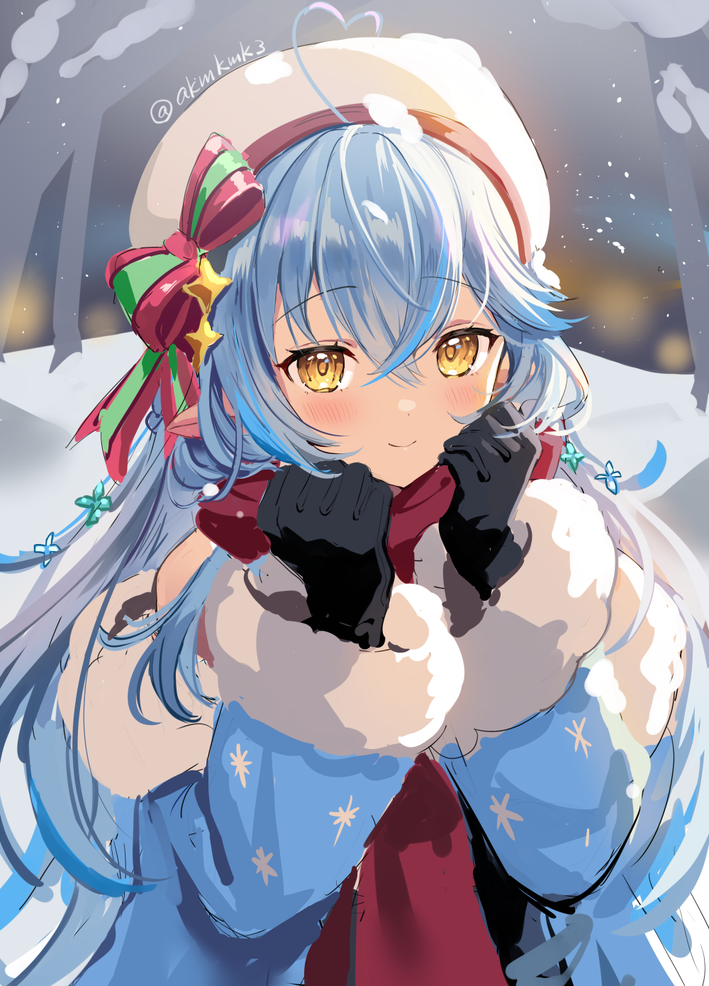 1girl ahoge arms_up bangs bare_shoulders beret blue_coat blue_hair blue_jacket coat crossed_bangs curcumin elf eyebrows_visible_through_hair fur_trim grabbing hair_between_eyes hair_ornament hat hat_ribbon heart_ahoge highres hololive jacket long_hair looking_at_viewer pointy_ears red_scarf ribbon scarf smile snow solo upper_body virtual_youtuber white_headwear yellow_eyes yukihana_lamy