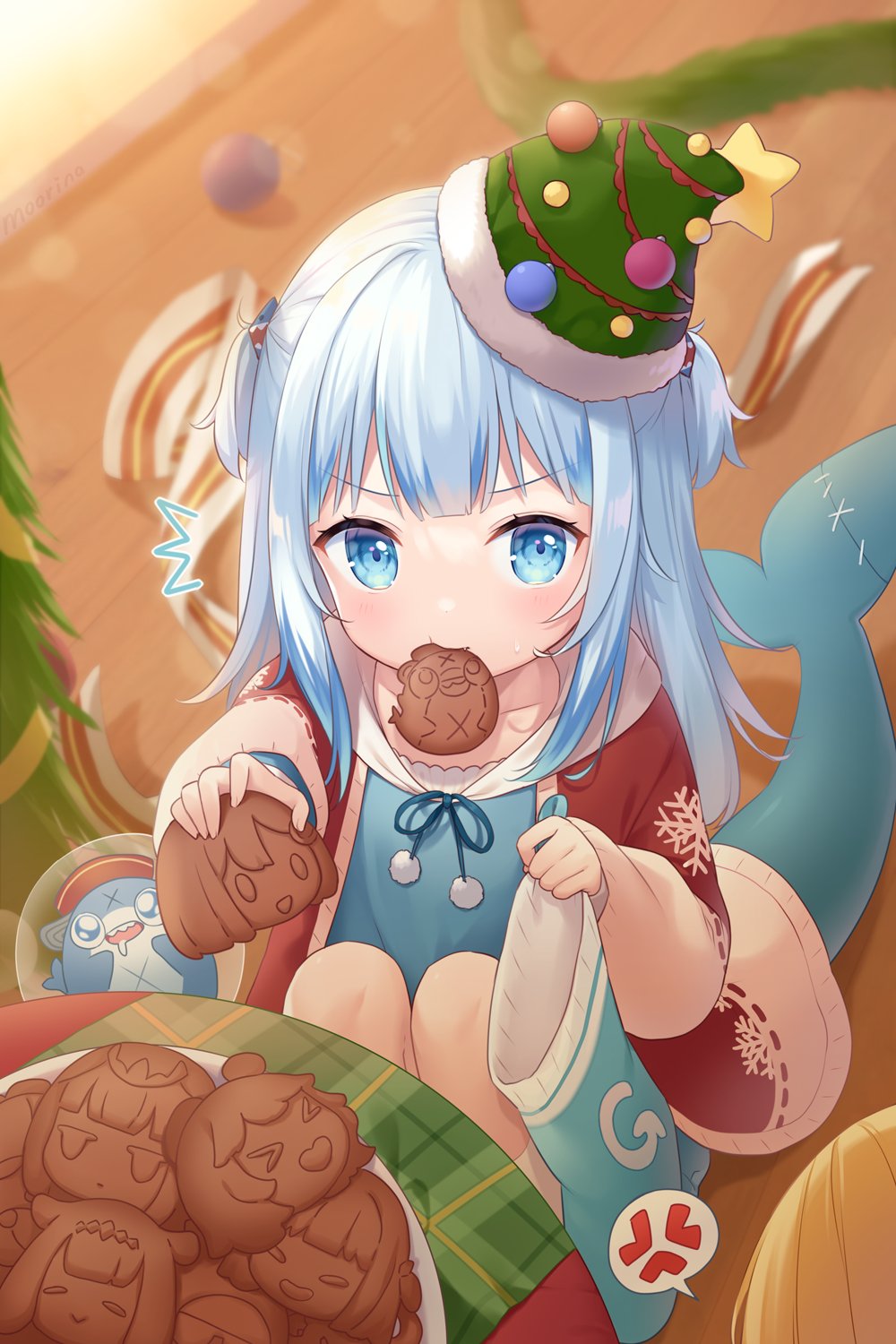 2girls ^^^ anger_vein bangs blonde_hair bloop_(gawr_gura) blue_eyes blue_hair blue_hoodie blunt_bangs blurry blurry_background bubble character_cutout character_request check_character christmas_tree christmas_tree_hat cookie dutch_angle eating fish_tail food food_in_mouth from_above gawr_gura hair_ornament hat highres holding holding_cookie holding_sack hololive hololive_english hood hoodie jacket long_hair looking_at_viewer looking_up mini_hat moorina mouth_hold multicolored_hair multiple_girls red_jacket sack shark_hair_ornament shark_tail socks solo_focus spoken_anger_vein squatting star_(symbol) streaked_hair tail two_side_up v-shaped_eyebrows virtual_youtuber watson_amelia wooden_floor