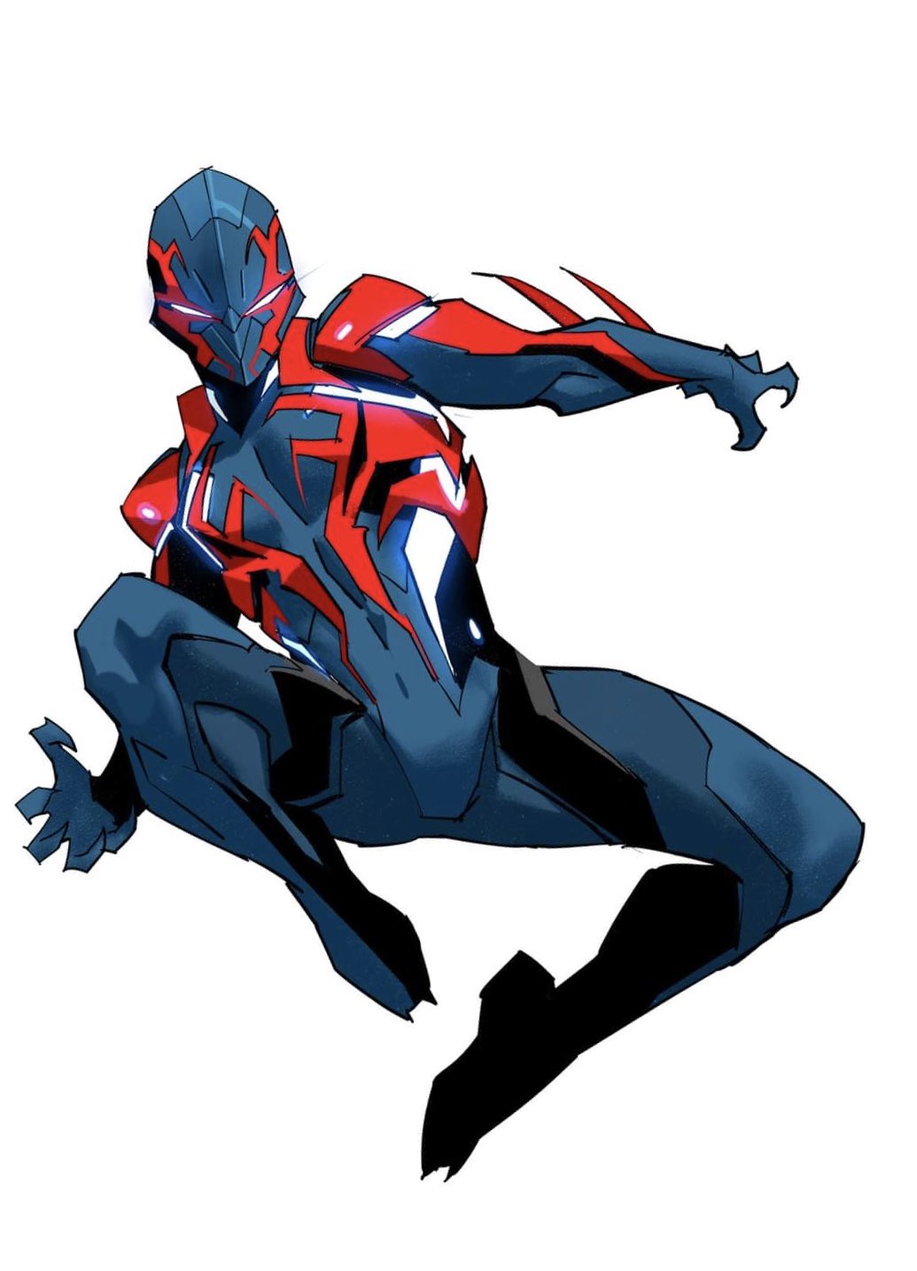 1boy armor blue_eyes dan_mora english_commentary floating glowing glowing_eyes highres looking_at_viewer marvel open_hands redesign solo spider-man_(2099) spider-man_(series) superhero tokusatsu white_background