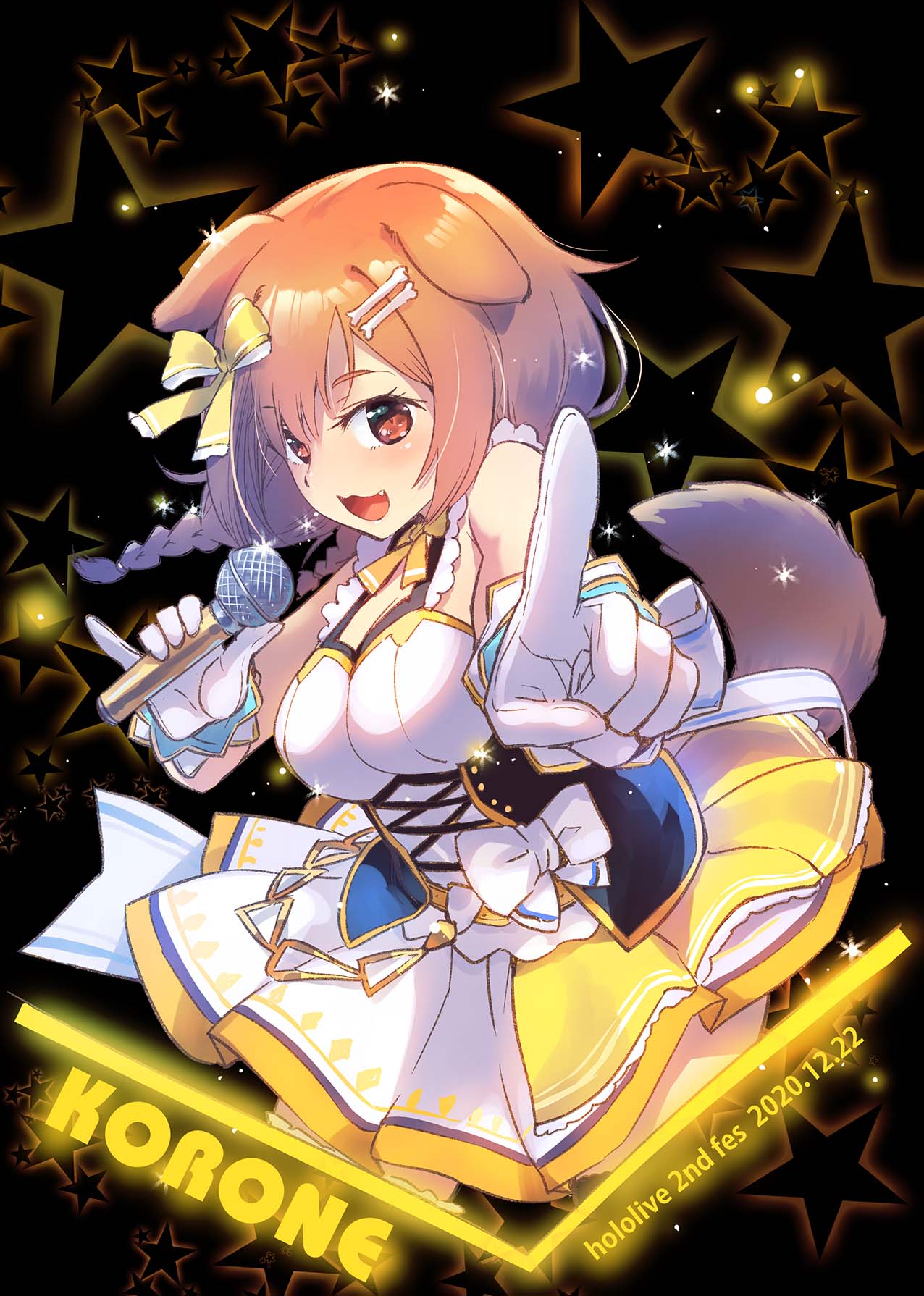 1girl :3 animal_ears bangs bare_arms bare_shoulders blush bone_hair_ornament bow braid breasts brown_eyes brown_hair commentary_request cropped_legs cross-laced_clothes dated dog_ears dog_girl dog_tail eyebrows_visible_through_hair fang fangs frilled_straps gloves hair_between_eyes hair_ornament hair_ribbon hairclip highres holding holding_microphone hololive idol idol_clothes index_finger_raised inugami_korone koume_keito large_breasts long_hair looking_at_viewer low_twin_braids low_twintails microphone miniskirt music nonstop_story open_mouth red_eyes ribbon singing skirt sleeveless solo starry_background tail twin_braids twintails underbust virtual_youtuber white_gloves