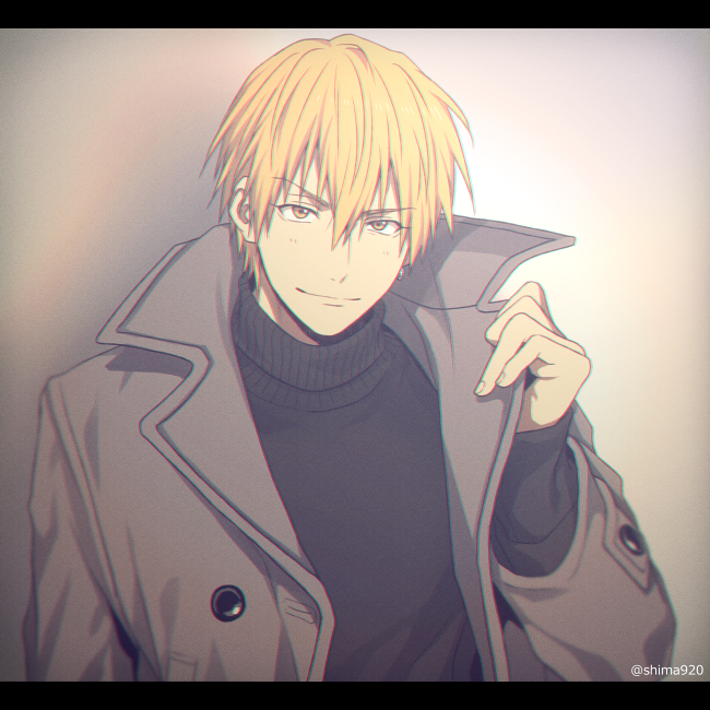 1boy bangs black_cardigan blonde_hair blurry blush brown_coat buttons cardigan casual closed_mouth coat commentary_request depth_of_field gradient gradient_background grey_background hair_between_eyes hand_up jewelry kise_ryouta kuroko_no_basuke letterboxed long_sleeves male_focus mashima_shima open_clothes open_coat short_hair simple_background single_earring smile solo twitter_username upper_body yellow_eyes