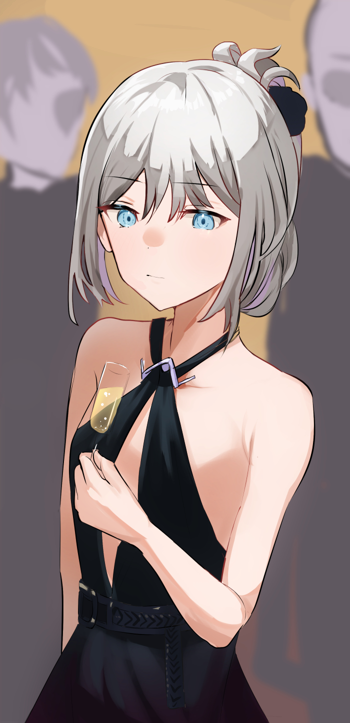 1girl an-94_(girls'_frontline) an-94_(silent_rouge)_(girls'_frontline) bangs bare_shoulders black_dress breasts closed_mouth cup dress drinking_glass eyebrows_visible_through_hair girls_frontline glass hair_ornament highres holding holding_cup light_blue_eyes long_hair looking_at_viewer official_alternate_costume platinum_blonde_hair simple_background small_breasts solo solokitsune upper_body wine_glass