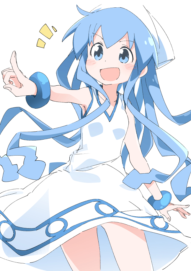 1girl :d blue_eyes blue_hair blush_stickers commentary_request dress eyebrows_visible_through_hair hat ikamusume ixy long_hair open_mouth shinryaku!_ikamusume simple_background sleeveless sleeveless_dress smile solo squid_hat tentacle_hair thighs white_background white_dress white_headwear