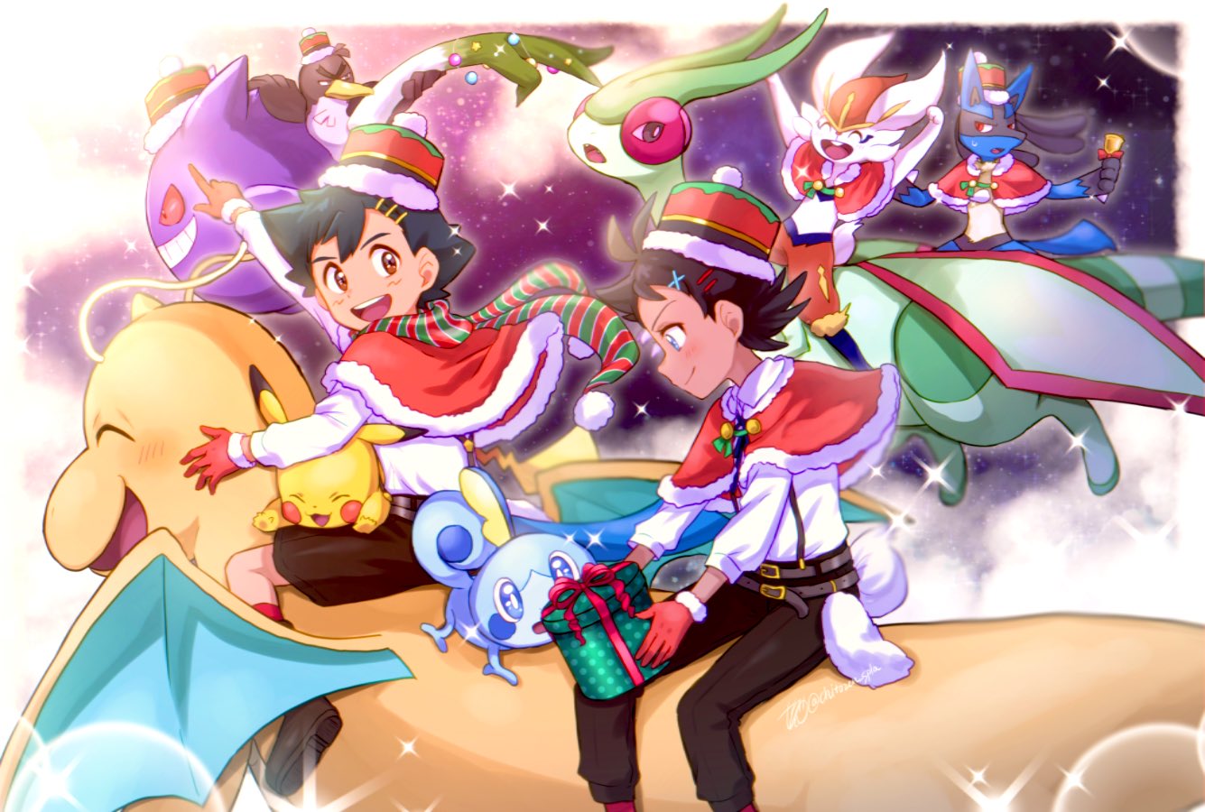 2boys alternate_costume ash_ketchum belt black_hair brown_eyes brown_shorts capelet chitozen_(pri_zen) cinderace closed_mouth clouds collared_shirt commentary dragonite fur-trimmed_capelet fur-trimmed_headwear fur_trim galarian_farfetch'd galarian_form gen_1_pokemon gen_4_pokemon gen_8_pokemon gengar gloves goh_(pokemon) hat long_sleeves lucario male_focus multiple_boys open_mouth pikachu pointing pokemon pokemon_(anime) pokemon_(creature) pokemon_swsh_(anime) red_capelet red_gloves riding_pokemon shirt short_hair shorts smile sobble sparkle teeth tongue white_shirt