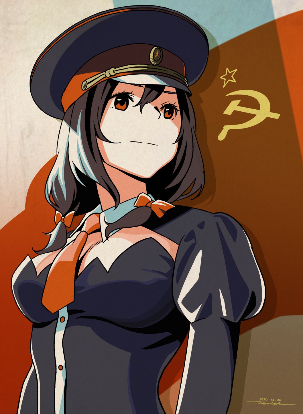 1girl black_dress bow breasts brown_hair cleavage_cutout closed_mouth clothing_cutout commission communism dated dress hair_bow hammer_and_sickle hat highres horikou juliet_sleeves kono_subarashii_sekai_ni_shukufuku_wo! long_sleeves medium_breasts medium_hair military_hat necktie puffy_sleeves red_bow red_eyes red_neckwear signature skeb_commission solo soviet upper_body wing_collar yunyun_(konosuba)