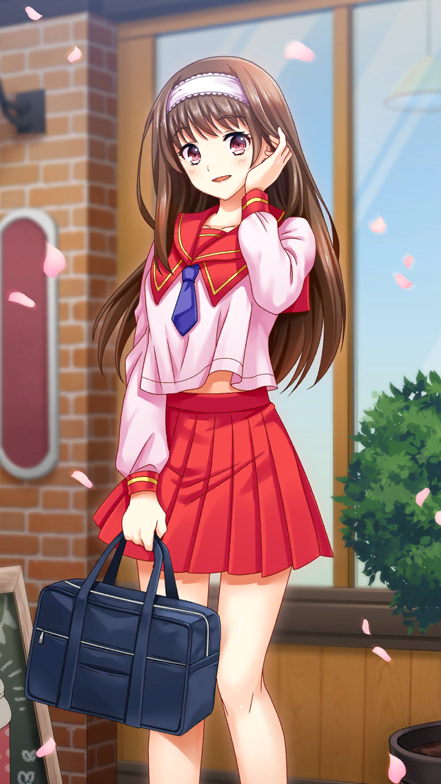 1girl :d adjusting_hair bag bangs blurry blurry_background blush brick_wall brown_eyes brown_hair cherry_blossoms collared_shirt day doukyuusei_another_world eyebrows_visible_through_hair flower_pot game_cg hairband holding holding_bag kakyuusei long_hair long_sleeves looking_at_viewer miniskirt neckerchief official_art open_mouth outdoors pink_shirt pleated_skirt purple_neckwear red_sailor_collar red_skirt sailor_collar sailor_shirt school_bag school_uniform shiny shiny_hair shirt skirt smile solo spring_(season) very_long_hair white_hairband yuuki_mizuho