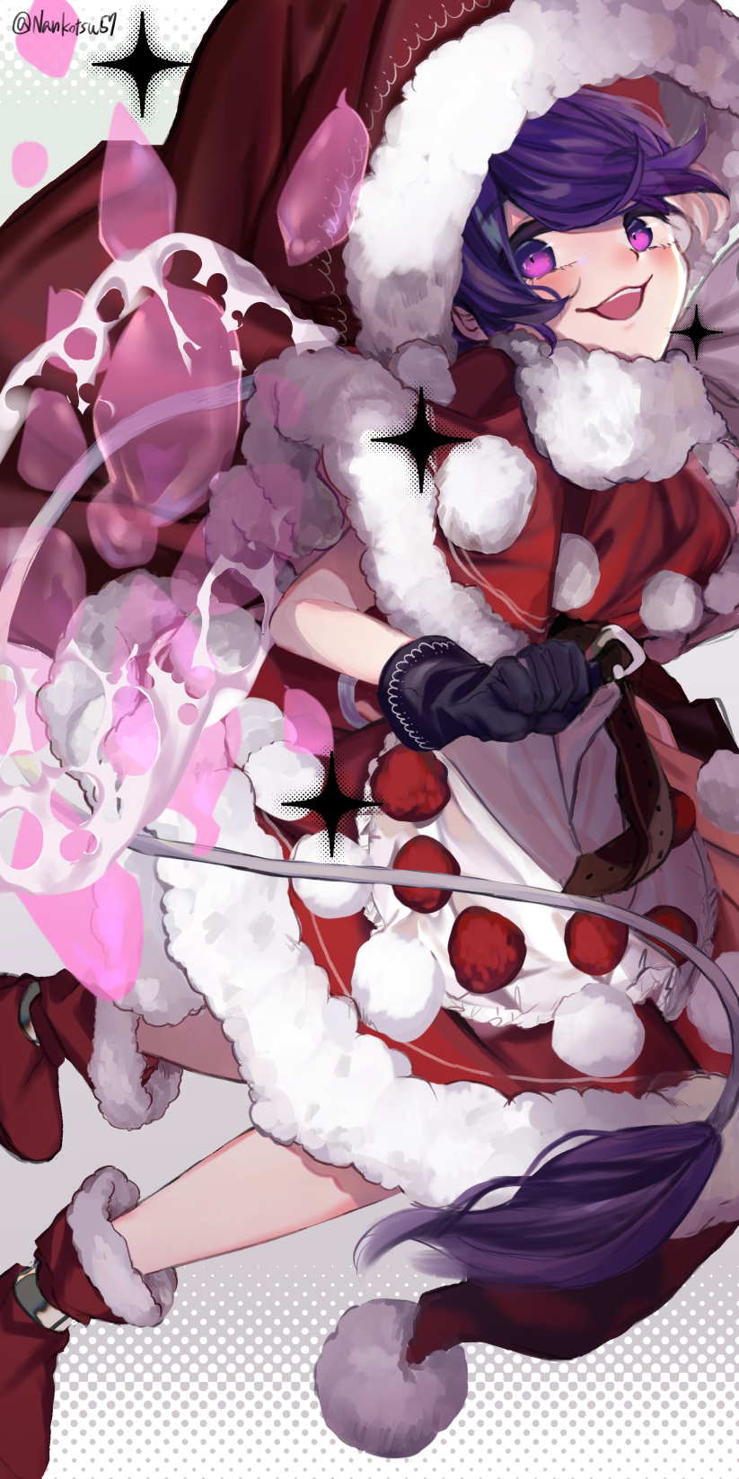 1girl :d adapted_costume artist_name bangs black_gloves blob blush capelet christmas doremy_sweet dream_soul dress feet_out_of_frame gloves highres ishikawa_sparerib looking_back looking_to_the_side open_mouth polka_dot polka_dot_background pom_pom_(clothes) purple_hair red_capelet red_dress red_footwear santa_costume short_hair simple_background smile solo sparkle swept_bangs tail tapir_tail touhou violet_eyes