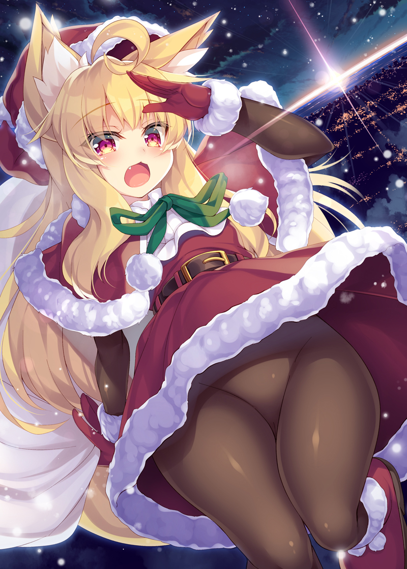 1girl ahoge animal_ear_fluff animal_ears bangs black_bodysuit blonde_hair blush bodysuit bodysuit_under_clothes eyebrows_visible_through_hair fang fox_ears fox_tail fur_trim gloves hat long_hair night open_mouth original red_eyes red_gloves roshin santa_costume santa_hat solo tail