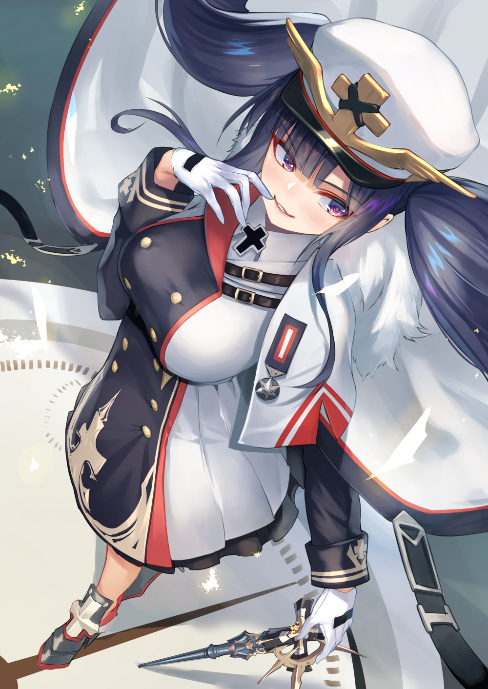 1girl armored_shoes azur_lane bangs black_hair blunt_bangs breasts cape commentary double-breasted dress eyebrows_visible_through_hair finger_to_mouth floating_hair frilled_dress frills from_above full_body fur-trimmed_cape fur_trim gloves hand_up hat highres holding holding_scepter iron_cross large_breasts layered_dress long_dress looking_to_the_side military military_hat military_uniform multicolored multicolored_clothes multicolored_dress parted_lips peaked_cap peter_strasser_(azur_lane) red_eyes scepter shadow shimotsuki_shio sidelocks smile solo standing twintails uniform violet_eyes white_cape white_dress white_gloves white_headwear wind wind_lift