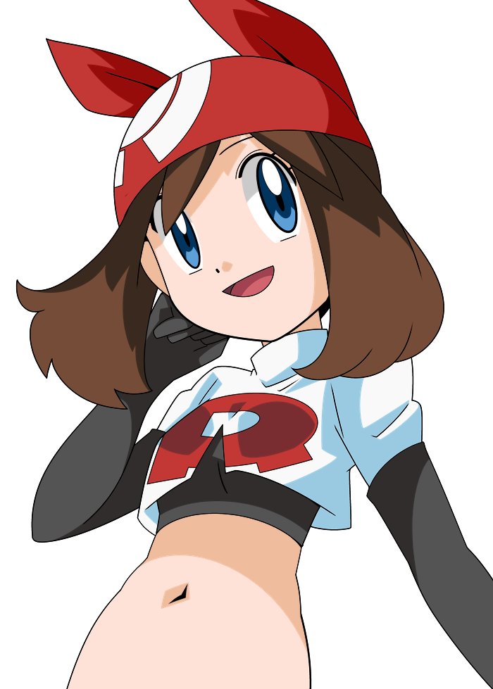 1girl bandana blue_eyes breasts brown_hair cosplay elbow_gloves gloves hainchu jessie_(pokemon) jessie_(pokemon)_(cosplay) long_hair may_(pokemon) midriff navel open_mouth pokemon pokemon_(game) pokemon_rse simple_background smile solo white_background