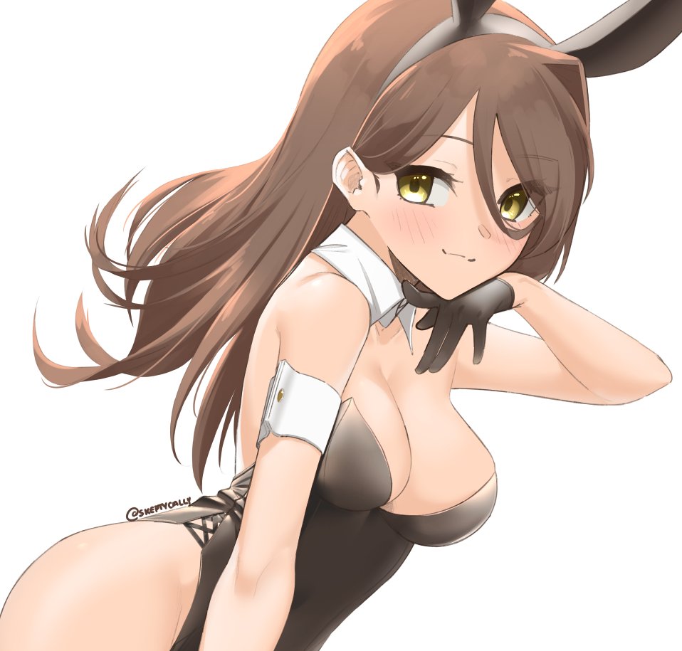 1girl animal_ears armband bangs black_leotard blush breasts brown_eyes brown_hair closed_mouth collar detached_collar eyebrows_visible_through_hair fake_animal_ears hair_between_eyes hand_on_own_chin leaning_forward leotard long_hair looking_at_viewer medium_breasts original playboy_bunny rabbit_ears simple_background skeptycally smile solo standing strapless strapless_leotard swept_bangs twitter_username white_background white_collar wing_collar