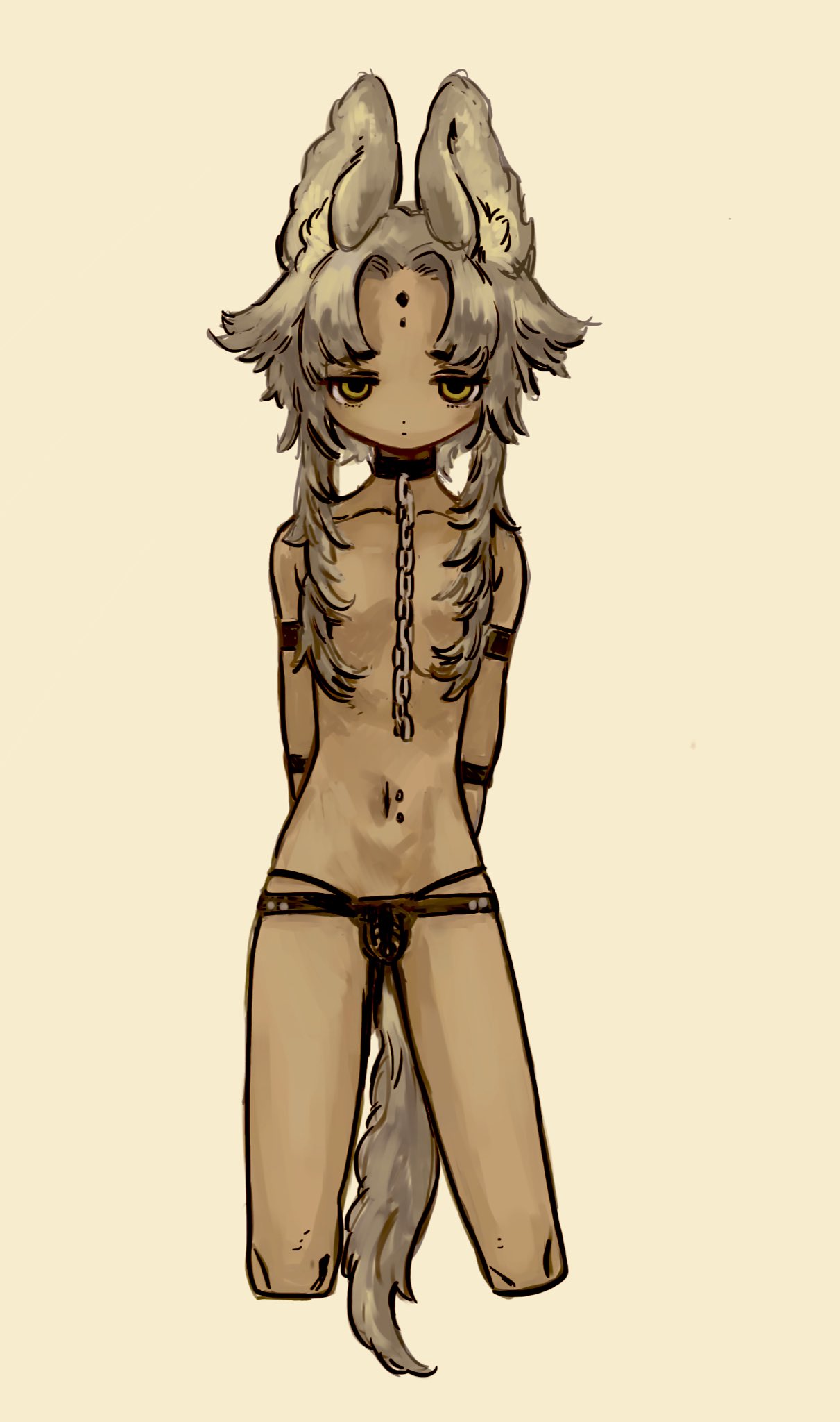 1other androgynous animal_ears arms_behind_back brown_panties closed_mouth cropped_legs dark_skin dot_mouth dot_nose facial_mark forehead_mark grey_hair highres looking_at_viewer navel navel_piercing panties piercing shima_(wansyon144) sidelocks simple_background solo standing tail underwear yellow_background yellow_eyes