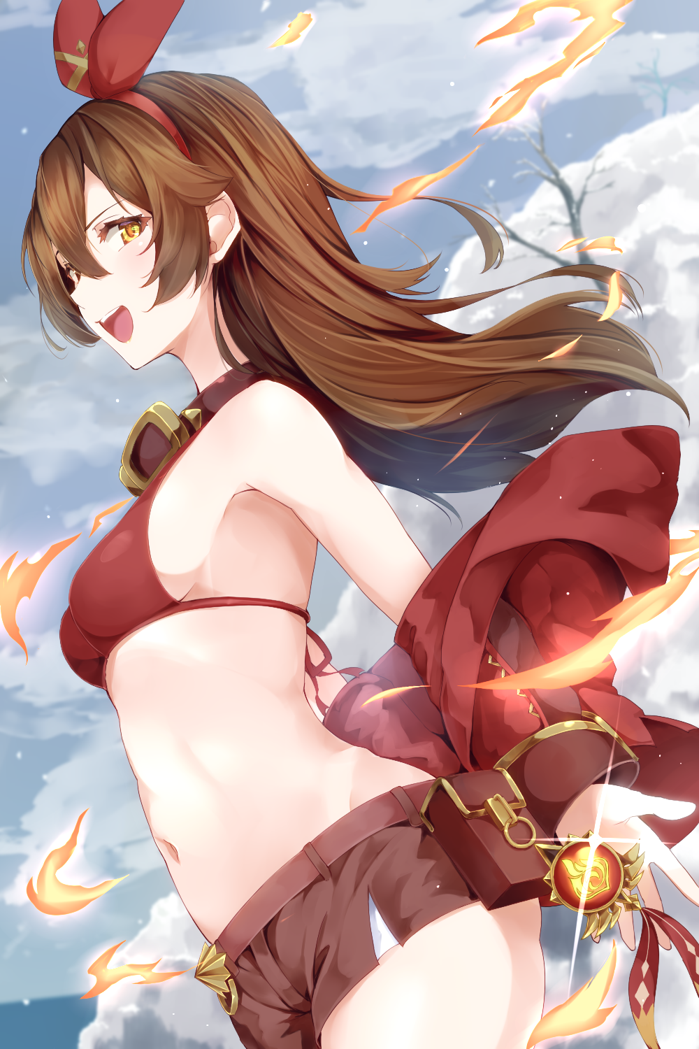 1girl :d amber_(genshin_impact) bangs bare_shoulders bikini bikini_top blue_sky breasts brown_eyes brown_hair brown_shorts clouds cloudy_sky commentary_request day dutch_angle ekusera fire from_side genshin_impact glint hair_between_eyes hair_ribbon hairband highres holding jacket long_hair looking_at_viewer looking_to_the_side medium_breasts navel off_shoulder open_clothes open_jacket open_mouth outdoors red_bikini red_hairband red_jacket red_ribbon ribbon short_shorts shorts sky smile solo swimsuit upper_teeth very_long_hair