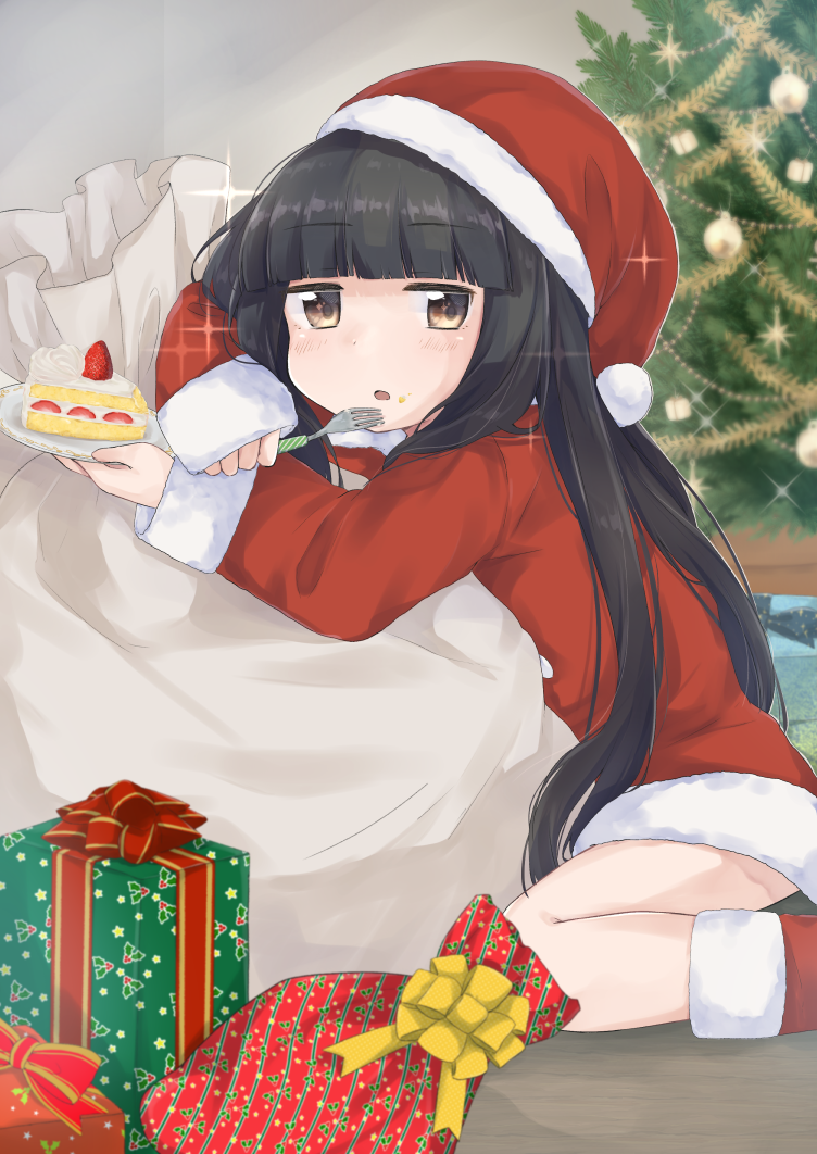 1girl aoshima_sakana bangs black_hair blunt_bangs blush boots box cake christmas christmas_tree dress eyebrows_visible_through_hair food food_on_face fork fur_trim gift gift_box hat hatsuyuki_(kantai_collection) hime_cut holding holding_plate indoors kantai_collection knee_boots long_hair long_sleeves open_mouth plate red_dress red_footwear sack santa_costume santa_hat sidelocks sitting solo sparkle