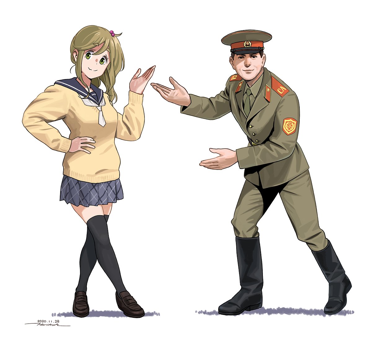 1boy 1girl black_footwear black_legwear black_sailor_collar blonde_hair boots closed_mouth crossed_legs dated fang green_jacket green_neckwear green_pants grey_skirt hand_on_hip hat horikou inuyama_aoi jacket long_sleeves looking_at_viewer military military_jacket military_uniform pants peaked_cap pleated_skirt real_life sailor_collar school_uniform serafuku signature simple_background skin_fang skirt smile soldier soviet soviet_army standing sweater thigh-highs uniform white_background yellow_sweater yurucamp