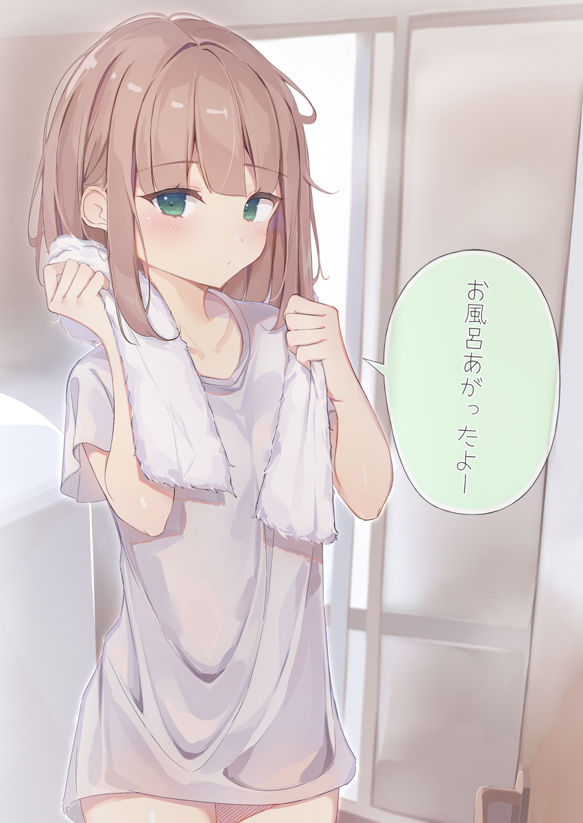 1girl bangs brown_hair commentary_request cowboy_shot eyebrows_visible_through_hair green_eyes highres holding holding_towel indoors long_hair looking_at_viewer naked_shirt original sashima shirt short_sleeves solo standing towel towel_around_neck translation_request white_shirt