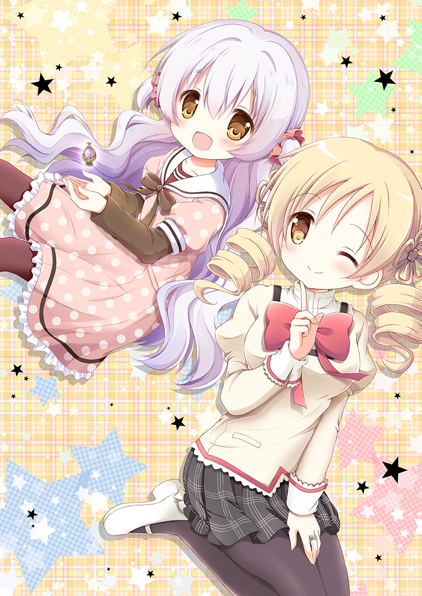 2girls :d ;) black_legwear black_skirt blonde_hair blush bow breasts brown_bow brown_eyes brown_legwear brown_shirt character_name commentary copyright_name cover cover_page dress drill_hair hair_ornament hair_scrunchie highres jewelry juliet_sleeves long_hair long_sleeves mahou_shoujo_madoka_magica medium_breasts momoe_nagisa multiple_girls nanase_miori one_eye_closed open_mouth pantyhose photoshop_(medium) pink_dress plaid plaid_background pleated_skirt polka_dot polka_dot_dress puffy_short_sleeves puffy_sleeves red_bow red_scrunchie ring sailor_collar sailor_dress scrunchie seiza shirt shoes short_over_long_sleeves short_sleeves silver_hair sitting skirt smile soul_gem star_(symbol) starry_background textless tomoe_mami twin_drills twintails two_side_up very_long_hair white_footwear white_sailor_collar