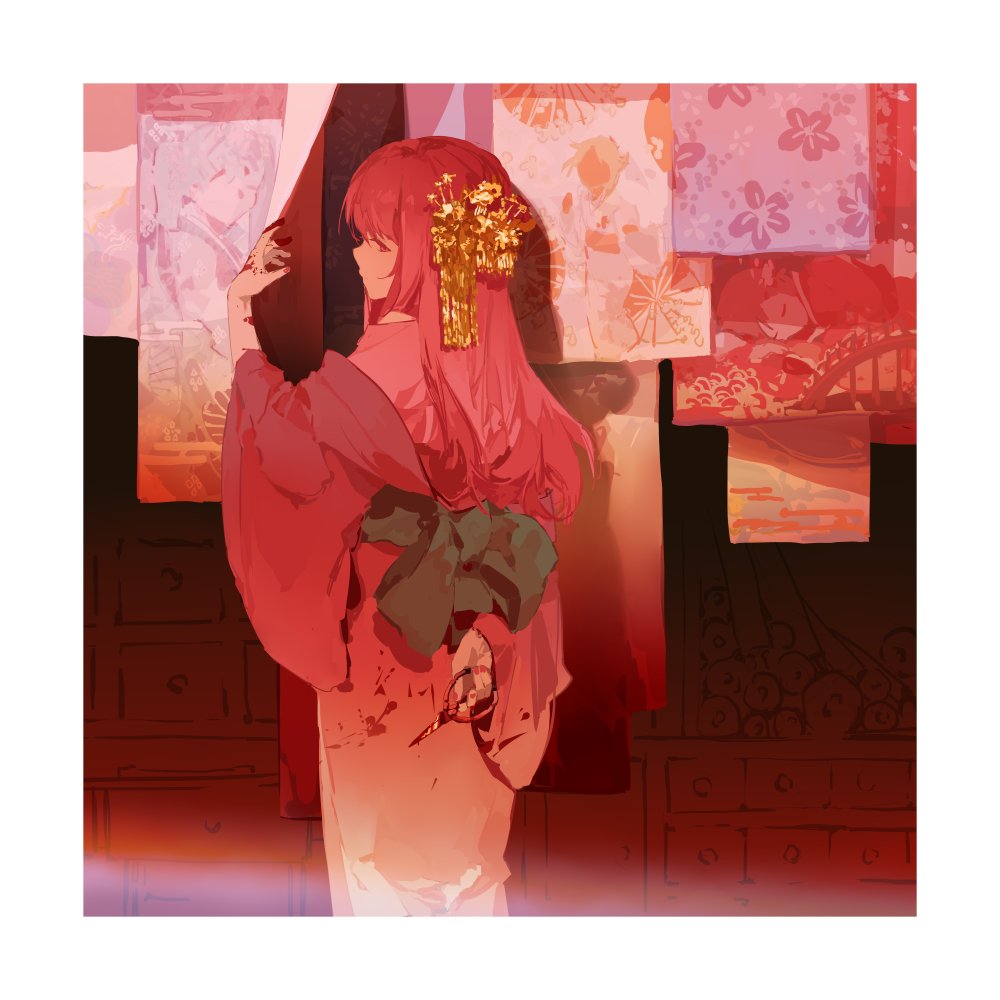 1girl arm_behind_back blood blood_on_clothes blood_on_hands border chest_of_drawers enbizaka_no_shitateya_(vocaloid) feet_out_of_frame from_behind hair_ornament hand_up holding holding_scissors japanese_clothes kimono long_hair long_sleeves looking_at_viewer looking_back megurine_luka noren obi off_shoulder painting_(object) pink_hair pink_kimono profile red_eyes red_kimono redhead sash scissors solo spencer_sais standing sudou_kayo vocaloid wide_sleeves