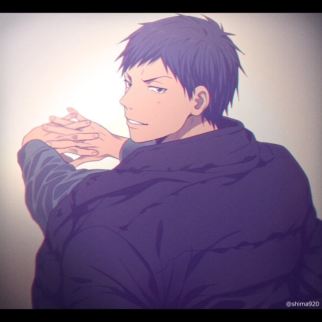 1boy aomine_daiki bangs black_eyes black_hair black_jacket black_shirt blush casual commentary_request dark_skin dark_skinned_male gradient gradient_background grey_background interlocked_fingers jacket jacket_on_shoulders kuroko_no_basuke letterboxed long_sleeves looking_back male_focus mashima_shima outstretched_arms parted_lips shirt short_hair simple_background smile solo stretch twitter_username upper_body