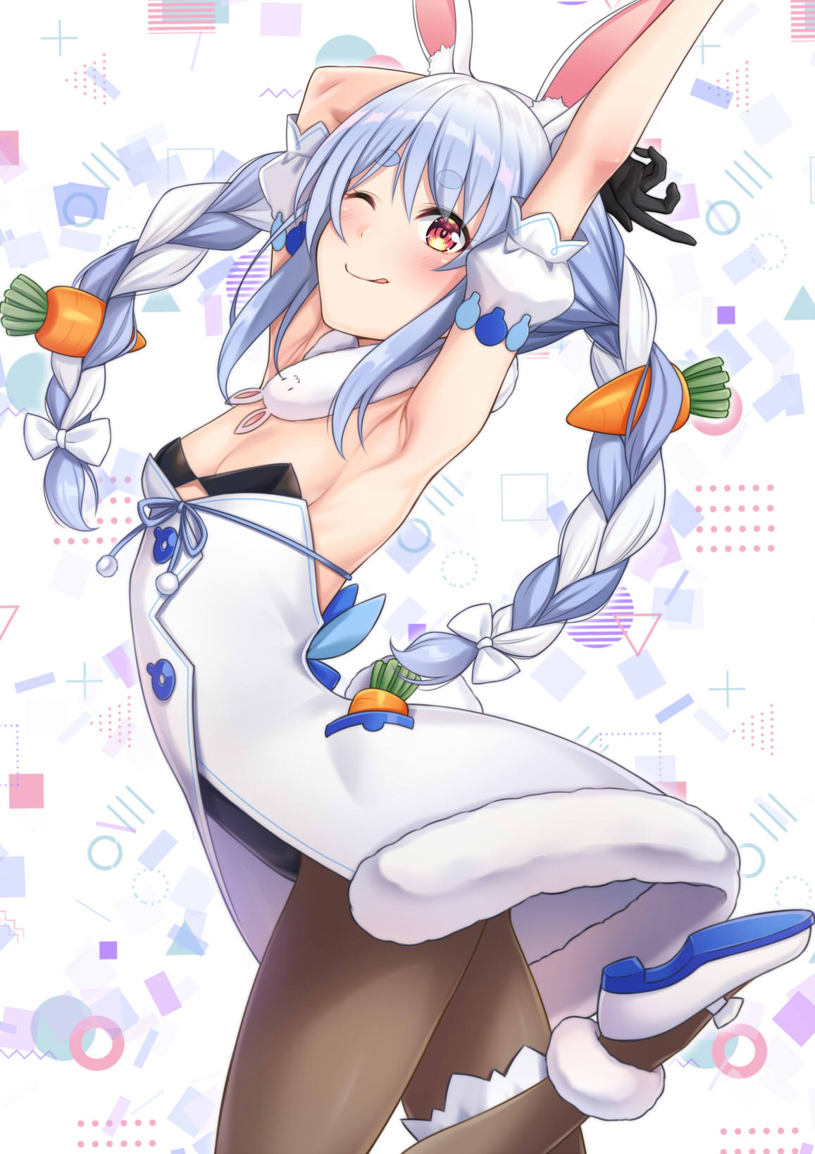 1girl animal_ear_fluff animal_ears arched_back arm_cuffs armpits arms_up backless_outfit bare_back black_bra black_gloves black_legwear blue_hair blush bra braid breasts bunny-shaped_pupils carrot_hair_ornament coat commentary_request cowboy_shot dress eyebrows_visible_through_hair eyelashes food_themed_hair_ornament fur-trimmed_dress fur-trimmed_gloves fur_scarf fur_trim gloves hair_ornament highres hololive leotard_under_clothes licking_lips long_hair one_eye_closed pantyhose rabbit_ears rabbit_girl red_eyes scarf shiny shiny_hair sideboob small_breasts solo standing standing_on_one_leg tawagoto_dukai_no_deshi thick_eyebrows thighs tongue tongue_out twin_braids underwear usada_pekora virtual_youtuber white_coat white_footwear white_hair