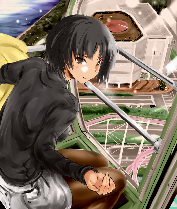 1girl amagami bangs black_hair black_legwear black_sweater brown_eyes building christmas christmas_tree commentary ferris_wheel_interior from_above from_behind grey_skirt hair_strand jacket jacket_removed leaning_forward light_smile looking_at_viewer looking_back looking_up murasaki_iro nanasaki_ai outstretched_arm pantyhose parted_lips river road roller_coaster short_hair sitting skirt smile snowman solo street sweater turtleneck turtleneck_sweater yellow_jacket