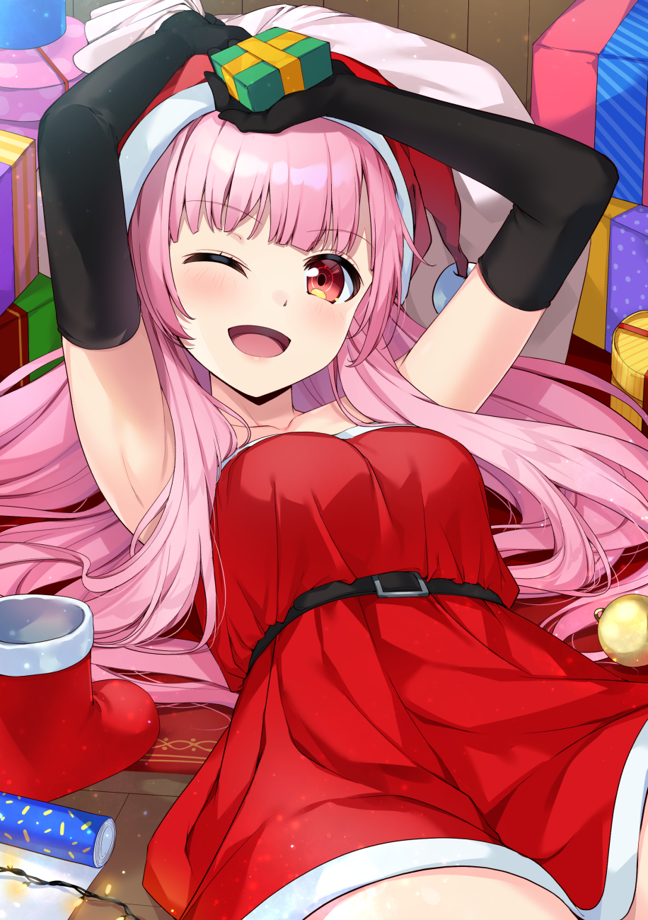 1girl ;d armpits arms_up bangs bare_shoulders belt black_gloves blunt_bangs blush bon_(bonbon315) box breasts christmas collarbone commentary_request dress elbow_gloves eyebrows_visible_through_hair gift gift_box gloves hat highres holding holding_gift indoors long_hair looking_at_viewer lying on_back one_eye_closed open_mouth original pink_hair red_dress red_gloves red_headwear santa_costume santa_hat short_dress short_sleeves smile solo