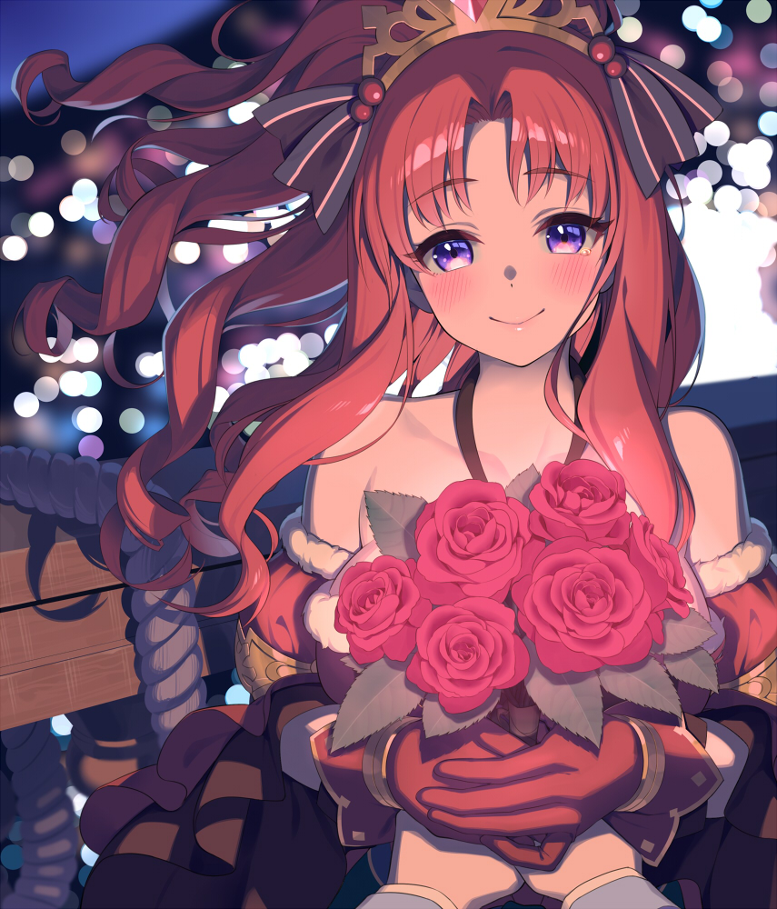 1girl akino_(princess_connect!) bangs bare_shoulders blush bouquet breasts closed_mouth collarbone flower gloves large_breasts long_hair looking_at_viewer lunch_(lunch3) parted_bangs ponytail princess_connect! princess_connect!_re:dive red_gloves redhead rose sidelocks smile solo_focus tiara violet_eyes