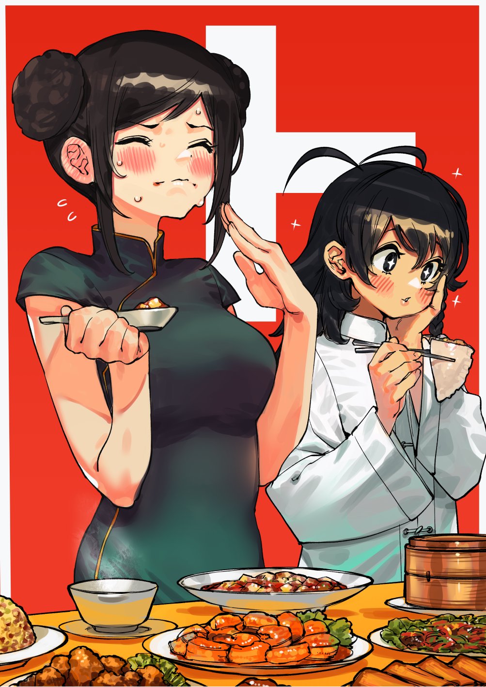 bangs bare_arms black_hair blush border breasts bukimi_isan character_request check_character check_copyright chinese_clothes chopsticks closed_mouth commentary_request copyright_request double_bun dress food green_dress hand_on_own_cheek hand_on_own_face hand_up highres holding holding_chopsticks jacket large_breasts long_sleeves meng_long momijiyama_teru parted_lips red_background short_sleeves shy_(series) simple_background star-shaped_pupils star_(symbol) sweat symbol-shaped_pupils wavy_mouth white_background white_border white_jacket wide_sleeves