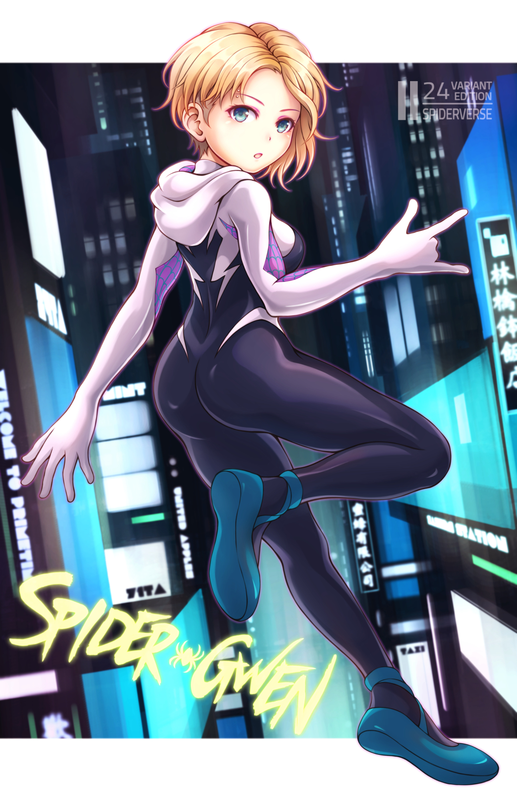 1girl :o \n/ ass blonde_hair blue_eyes bodysuit breasts character_name eyebrow_piercing from_behind highres leg_up marvel medium_breasts nosh open_hand open_mouth piercing short_hair solo spider-gwen spider-man:_into_the_spider-verse spider-man_(series) superhero