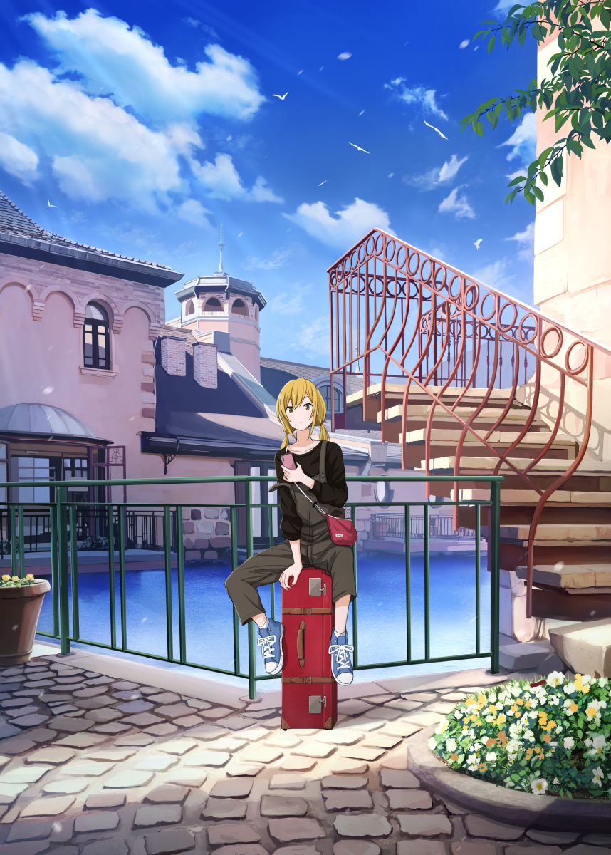 1girl bird blonde_hair building cellphone day flower flying highres holding light_rays original outdoors overalls phone plant potted_plant railing sakeharasu scenery shoes sitting sky smartphone sneakers solo stairs suitcase sunbeam sunlight twintails water