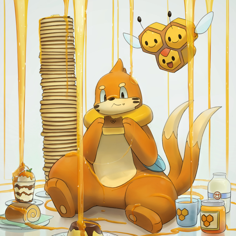 bottle buizel cake combee cup eating food food_on_body fur guodon honey milk milk_bottle multiple_tails no_humans pancake pokemon pokemon_(creature) pudding simple_background smile swiss_roll tail white_background wings