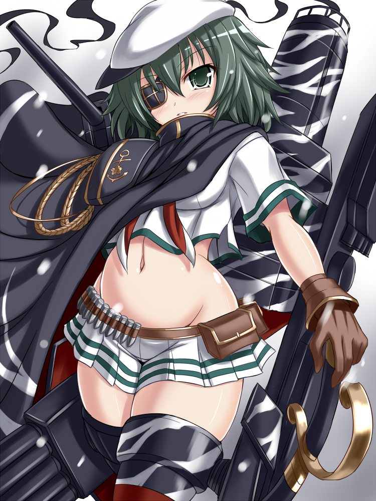 1girl bandolier boots coat fanatic_fetish gloves green_eyes green_hair hat kantai_collection kiso_(kantai_collection) mound_of_venus navel short_hair skirt solo thigh_boots thighhighs thighs