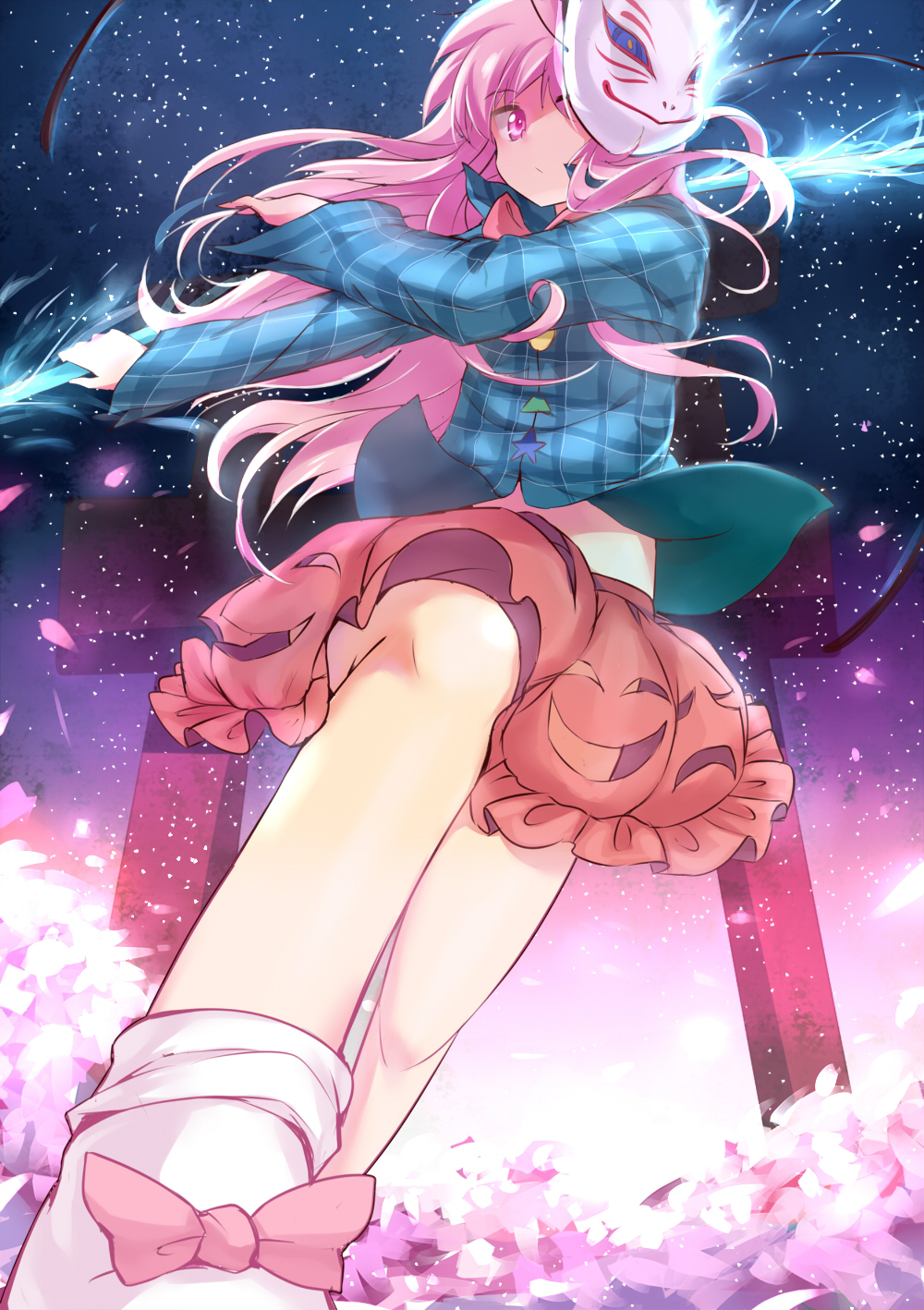 1girl blue_shirt caibao expressionless fighting_stance foreshortening fox_mask from_below hata_no_kokoro highres long_hair looking_at_viewer mask outdoors perspective pink_eyes pink_hair pink_skirt plaid plaid_shirt polearm skirt sky spear star_(sky) starry_sky touhou weapon youkai