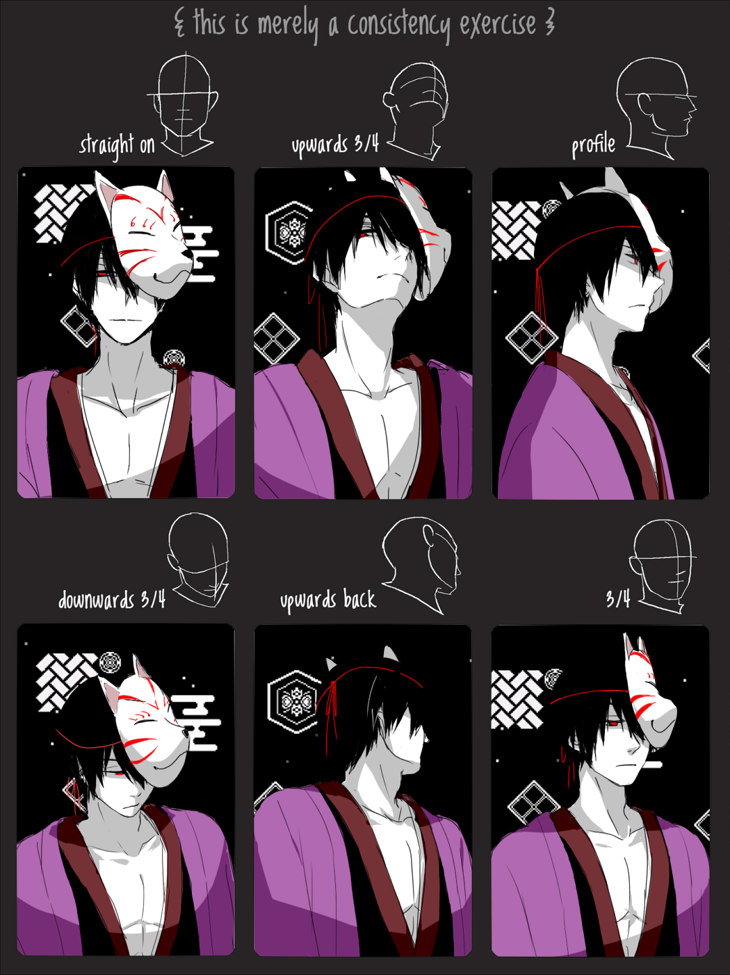1boy black_hair chart expressionless fox_mask highres japanese_clothes kimono kuroha_ai mask yukata_(yume_2kki) yume_2kki