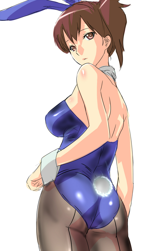 1girl animal_ears ass back brown_eyes brown_hair bunnysuit dodai_shouji from_behind kaga_(kantai_collection) kantai_collection looking_back pantyhose personification rabbit_ears side_ponytail solo